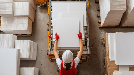 Book factory. A worker in safety gear organizes stacks of paper sheets in a warehouse, showcasing efficient material handling and industrial operations.