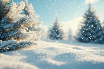 Winter Wonderland with Snowfall, Small Christmas Trees, Blue Sky, and Cinematic Atmosphere