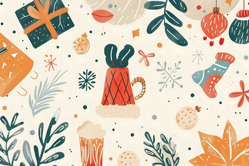 Winter Holiday Season: Festive Abstract Art with Ornaments, Gifts, and Plants, Creating a Joyful and Cheerful Atmosphere for the Celebration.