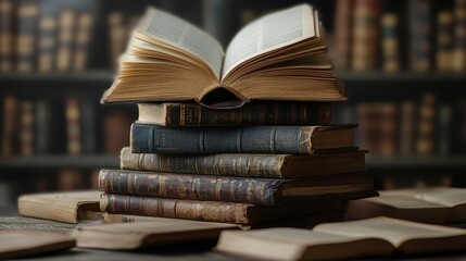 Obraz premium Stack of books with an open book on top isolated on transparent background.