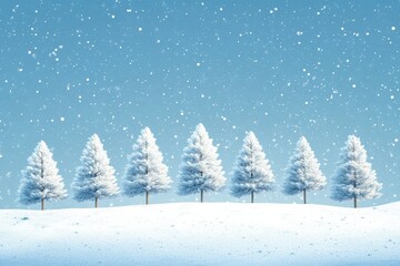 Obraz premium Winter Wonderland with Snowfall, Small Christmas Trees, Blue Sky, and Cinematic Atmosphere
