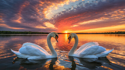 Fototapeta premium two swan in the lake with sunset view