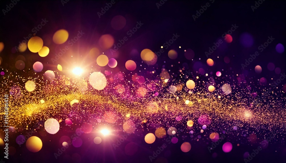 Poster an abstract background with glowing particular and bokeh effect in shades of purple and yellow.