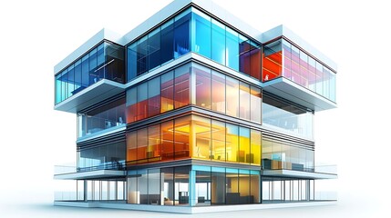 Modern glass cube office building architectural rendering.