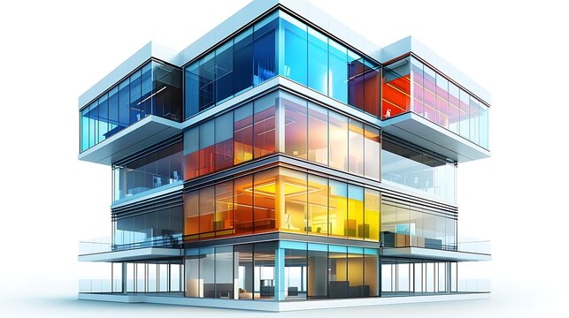 Modern glass cube office building architectural rendering.