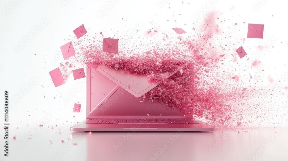 Poster pink laptop with an open envelope and pink mail exploding out.