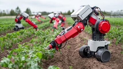 Advanced agricultural field with autonomous robots harvesting crops