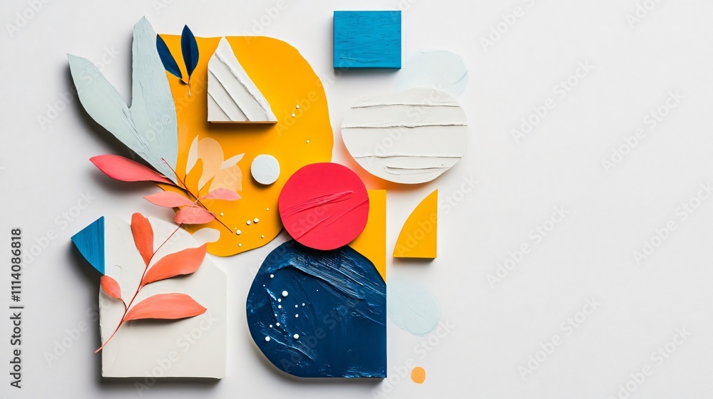 Poster abstract composition of colorful geometric shapes and leaves on white background. modern and vibrant