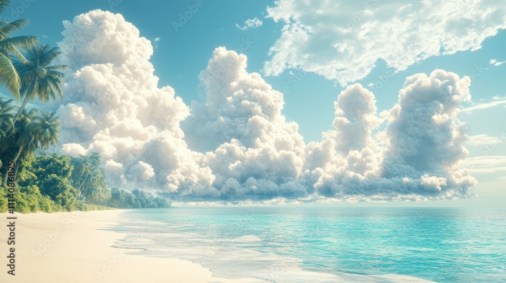 Poster a tranquil beach scene with clouds made of virtual wallets embodying the convenience and ease of sto
