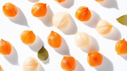 Fototapeta premium Ripe physalis with green leaves on a white background