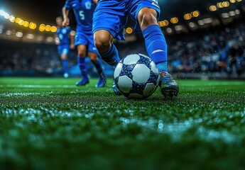 A soccer player kicks a ball on a field