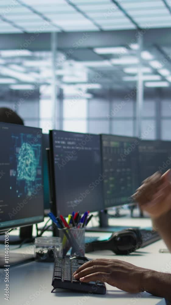 Poster vertical video manager assisting data center engineer in solving tasks, maintaining company network 