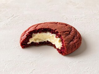 Delicious red velvet cookie with creamy filling, half eaten.