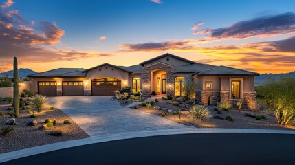 Obraz premium Luxury House in the Desert Sunset