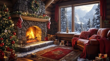 Obraz premium Cozy Winter Scene with Warm Fireplace, Hot Cocoa, and Holiday Decor