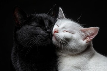 黒と白の猫が寄り添っている心温まる瞬間が捉えられた