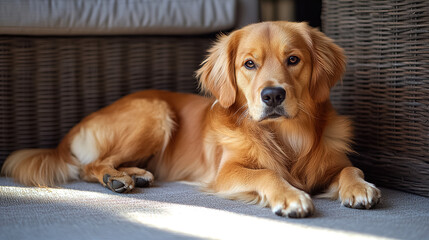 Golden retriever relaxing comfortably on a cozy rug in a stylish living room during the afternoon sunlight. Generative AI