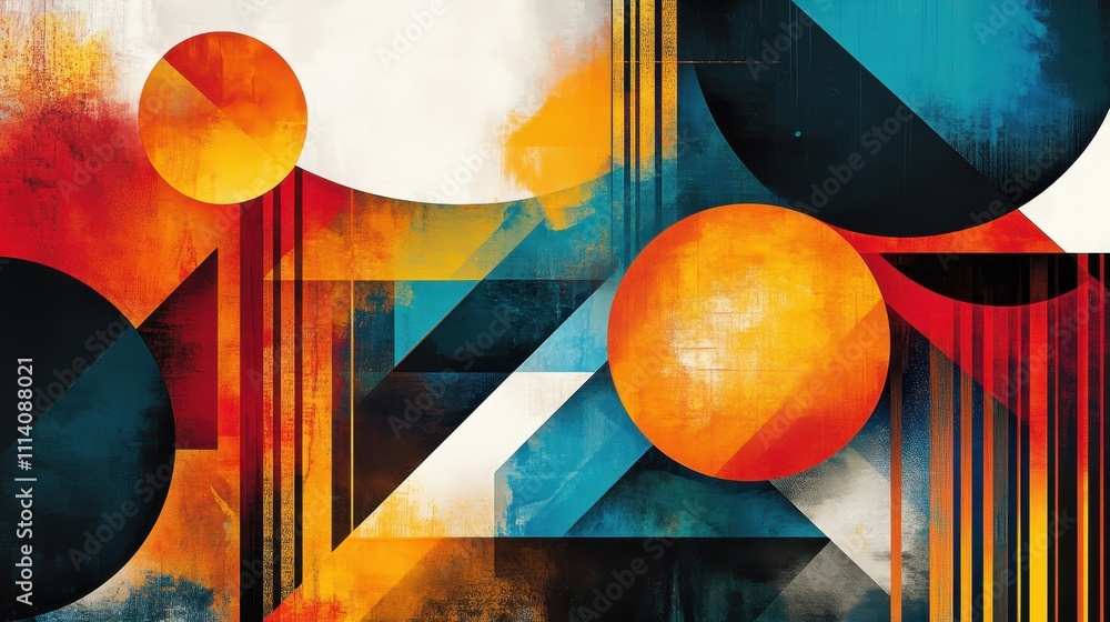 Aufkleber bold geometric abstract artwork with circles, triangles, and lines in vibrant colors and dynamic pat