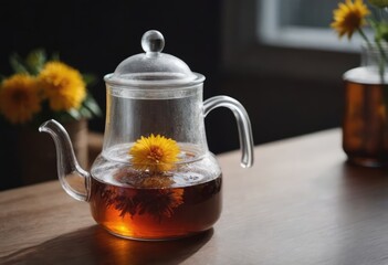 A glass cup of steaming tea and teapot on a wooden table