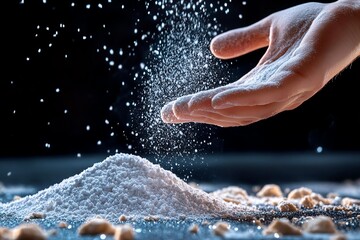 Fototapeta premium A hand sprinkling salt over a heap, creating a culinary scene.