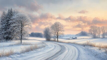 Fototapeta premium Serene winter landscape with a winding road and frosted trees under a soft pastel sky, evoking tranquility and natural beauty.