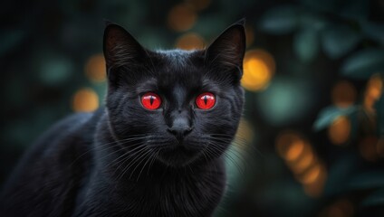 Fototapeta premium Black cat red eyes peering from the darkness