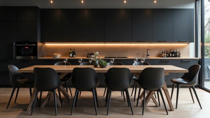 Sleek Black Kitchen Design with Modern Lighting, Minimalist Furniture, and a Cozy Dining Area for Entertaining Guests