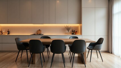 Stylish Modern Kitchen with Elegant Lighting, Contemporary Cabinets, and a Chic Dining Table for Sophisticated Entertaining