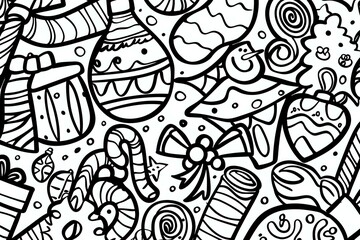 Naklejka premium Whimsical Winter Wonderland: Festive Ornaments, Candy Canes, and Gifts in a Joyful Doodle Design, Perfect for Coloring Pages and Holiday Cheer.