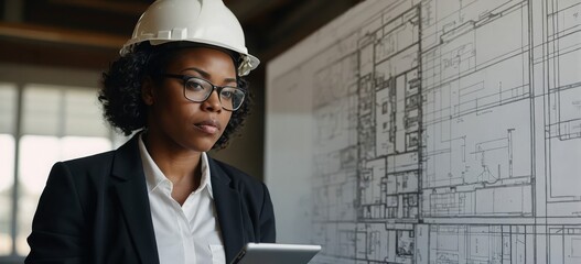 Black woman, tablet and construction for engineering, thinking and site assessment with floor plan. Architect, tech and contractor vision for project management, building development