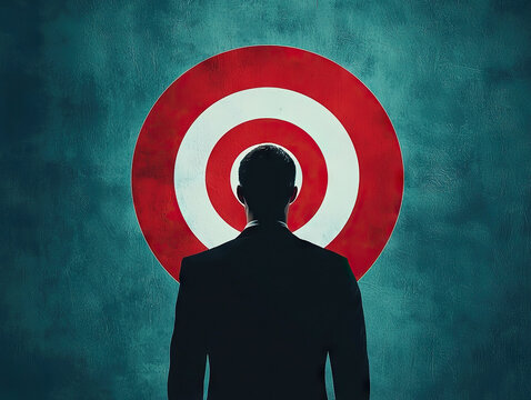 silhouette of man in suit stands in front of red and white target symbolizing focus and determination
