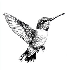 Fototapeta premium Hand-drawn black and white ink illustration of a hummingbird on a white background.