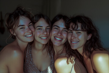 Obraz premium Group of four cheerful women smiling and embracing in soft natural light, showcasing friendship and genuine happiness.