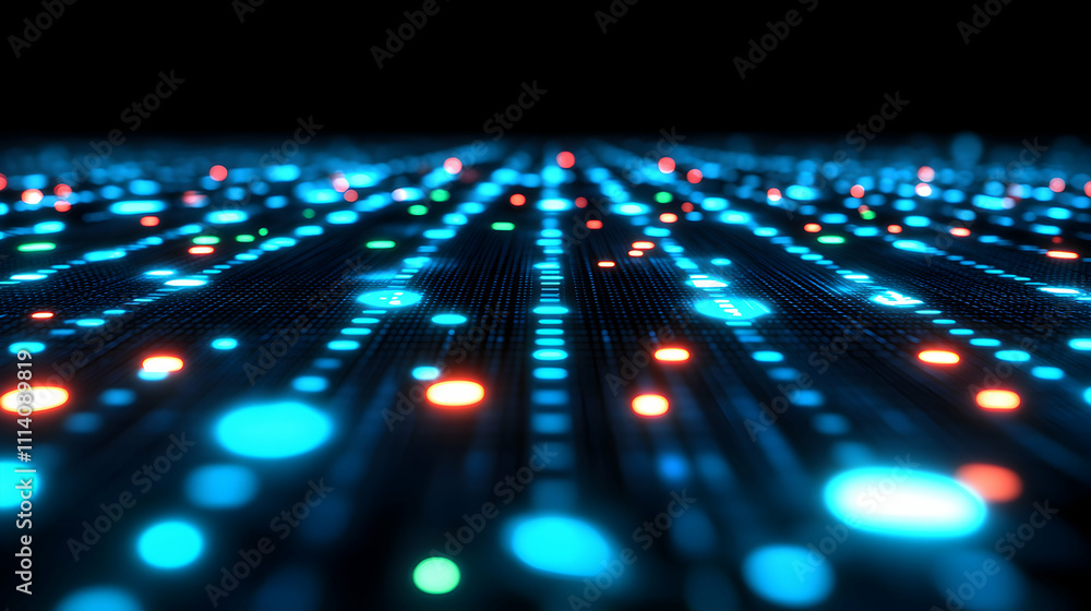 Poster abstract digital data stream, glowing nodes and connections forming a futuristic network. ideal for 
