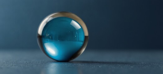 Clear glass ball is sitting on a blue background