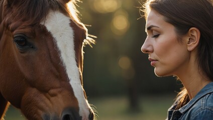 A peaceful woman and horse touching foreheads, signifying a deep connection and mutual trust