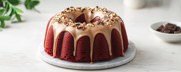 Delicious red velvet bundt cake topped with chocolate frosting.
