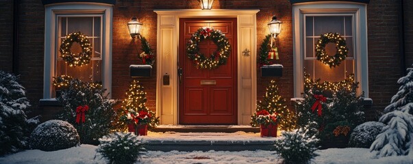 a house decorated for christmas with wreaths and lights on the front door and wreaths on the side of the door.