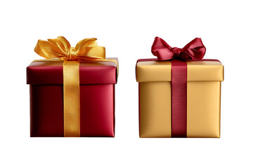 Obraz premium two gold red gift box with ribbon isolated on transparent background cutout.