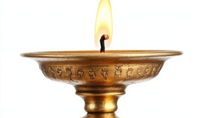 A vintage golden candlestick with a flickering flame isolated on white.