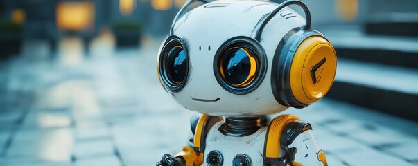 A cute, cartoonish robot with large eyes, a yellow earphone, and a friendly expression, designed for engagement and playfulness