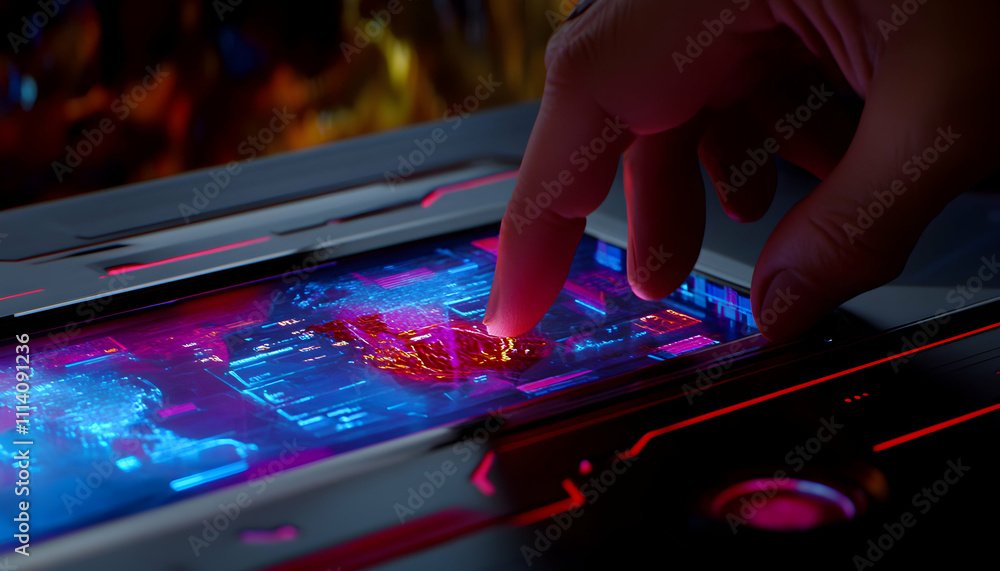 Aufkleber close-up of a finger interacting with a futuristic, glowing holographic touchscreen interface displa