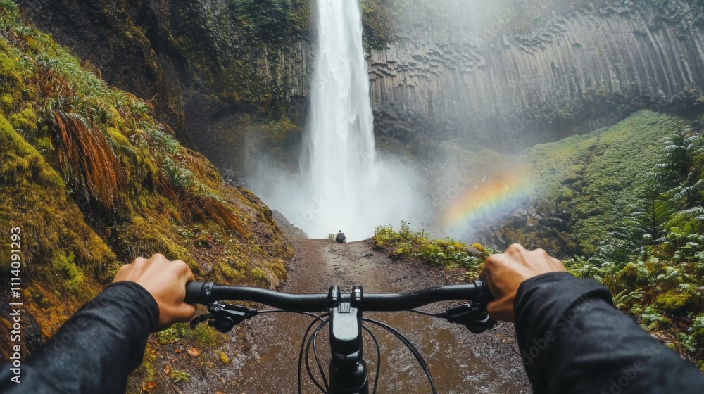 Poster riding a bike along a rugged path, surrounded by lush greenery and towering cliffs. a magnificent wa