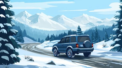 Snowy winter road landscape in nature. Winter travel along mountain roads. Winter landscape on a highway in snowy mountains. --ar 3: