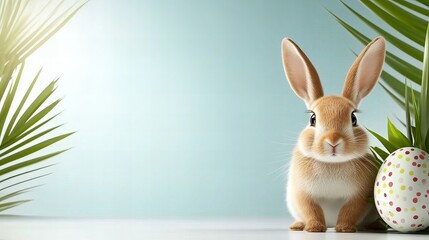 Obraz premium Cute bunny with easter egg amidst green palm leaves