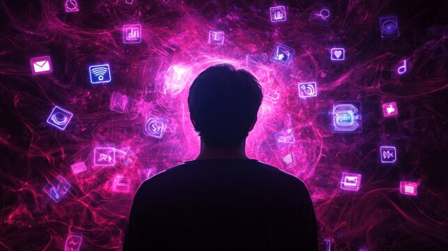 Digital Overload - Surreal Concept Art of a Person Entranced by Social Media Chaos