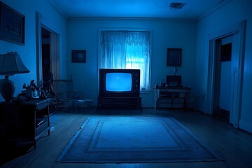 Tv in a dark creepy living room, movie night