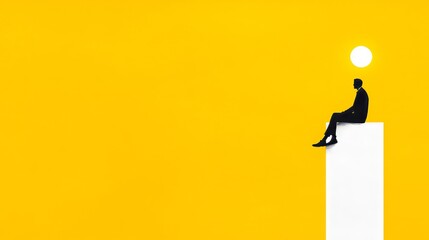 In a vibrant, abstract art collage style, a man in a suit sits on a ledge overlooking a cityscape, reflecting on and assessing risks.