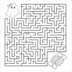 Christmas maze for children, funny dog looking for gifts. Coloring page. Vector illustration.