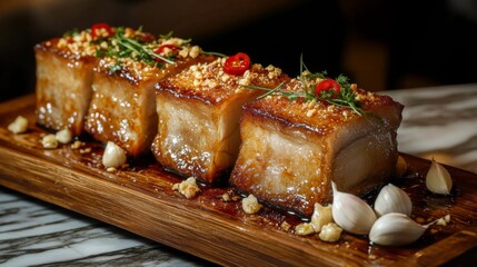 Crispy Pork Belly with Garnishes and Spicy Peppers on Wooden Board